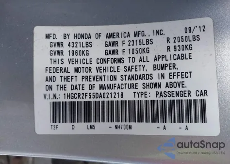 2013 Honda Accord Sport from USA, damaged, VIN 1HGCR2F55DA021218
